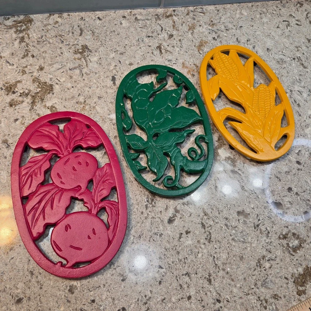 Vintage Cast Iron Vegetable Trivets Set of 3 Corn Peas Radish Multicolored